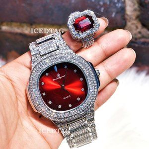 Heavy Iced Out Luxury Watch, Ruby Ring